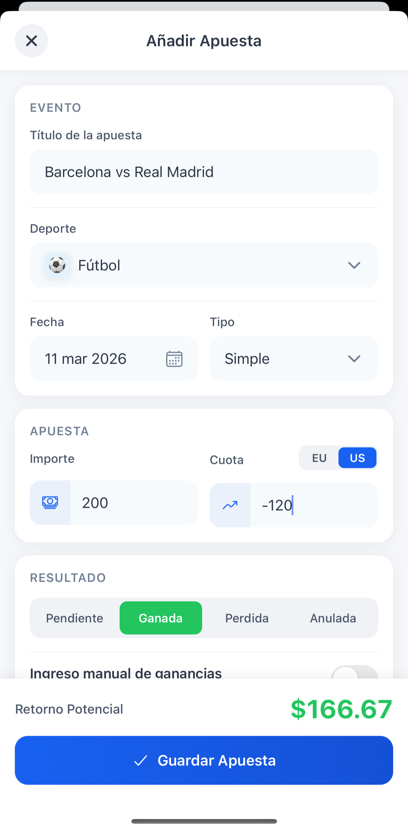 Añadir nueva apuesta